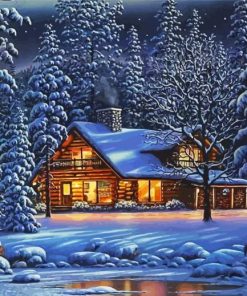 House In Frozen Forest At Night Diamond Painting