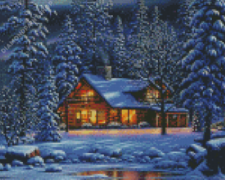 House In Frozen Forest At Night Diamond Painting