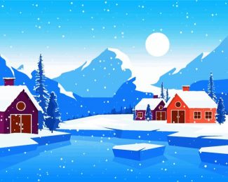 Houses In Frozen Forest Illustration Diamond Painting