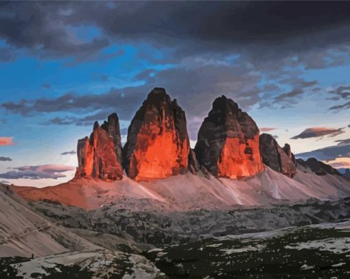 Tre Cime Di Lavaredo Range Mountains At Sunset In Italy Diamond Paitntings
