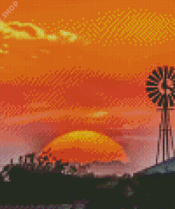 Western Windmill Silhouette At Sunset Diamond Painting