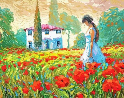 Woman And Poppies Farm Diamond Paintings