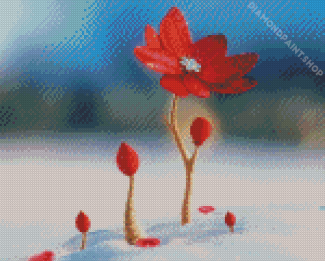 Beautiful Red Spring Flower In Snow Diamond Painting