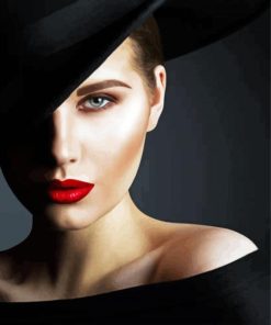Gorgeous Lady In Black Hat With Bright Lipstick Diamond Paintings
