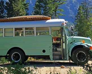 Green Skoolie Bus In The Mountain Diamond Paintings