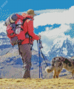 Hiking With Dog In Snowy Mountains Diamond Painting