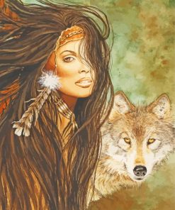 Native Indian Woman And Wolf Art Diamond Paintings