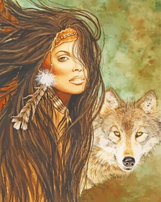Native Indian Woman And Wolf Art Diamond Paintings