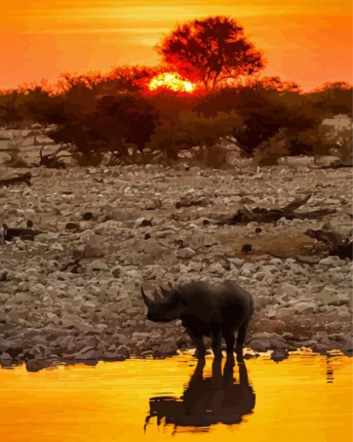 Rhino Sunset Reflection In Water Diamond Paintings