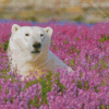 White Polar Bear In Flowers Field Diamond Painting