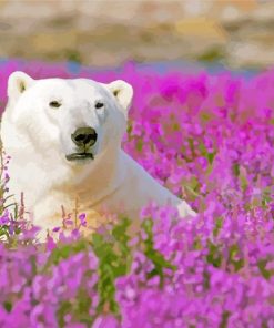 White Polar Bear In Flowers Field Diamond Painting