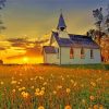 Country Church At Sunset Diamond Painting