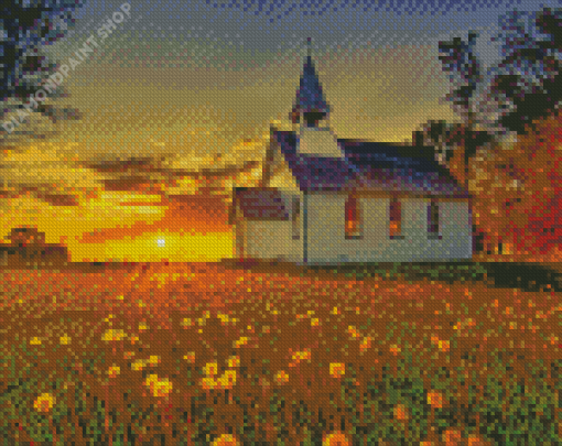Country Church At Sunset Diamond Painting