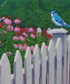 Blue Bird On White Picket Fence Diamond Painting