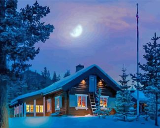 Aesthetic Norwegian Cabin In Snow Diamond Painting