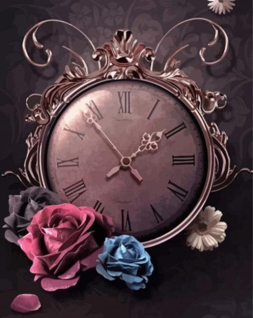 Clock And Flowers Diamond Painting