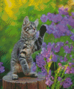 Cute Kitten With Purple Flowers Diamond Painting