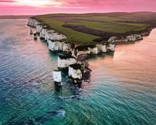 Pink Sunset In Old Harry Rocks Diamond Painting