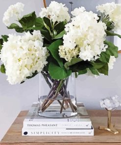 White Hydrangeas Glass Vase On Books Diamond Painting