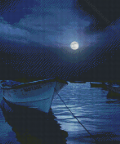 Boat With Moon At Night Diamond Painting