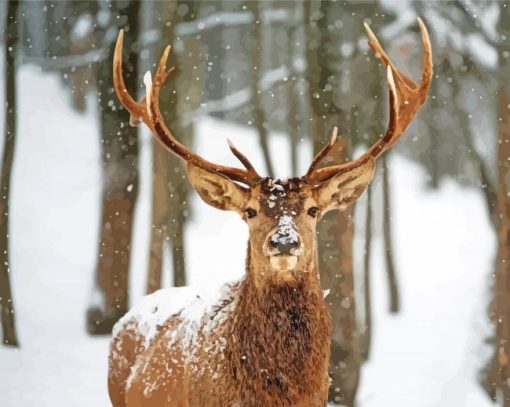Deer In Woods At Winter Diamond Painting