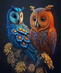 Orange And Blue Owls Diamond Painting