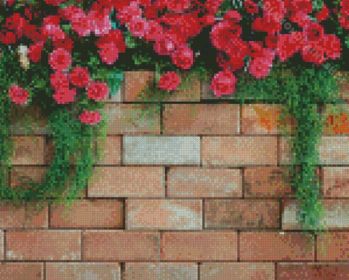 Bricks With Dark Pink Flowers Diamond Painting