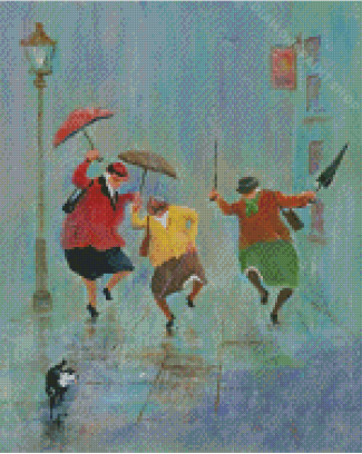 Old Happy Ladies With Umbrellas Art Diamond Painting