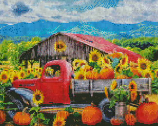 Sunflower And Farm Truck Diamond Painting