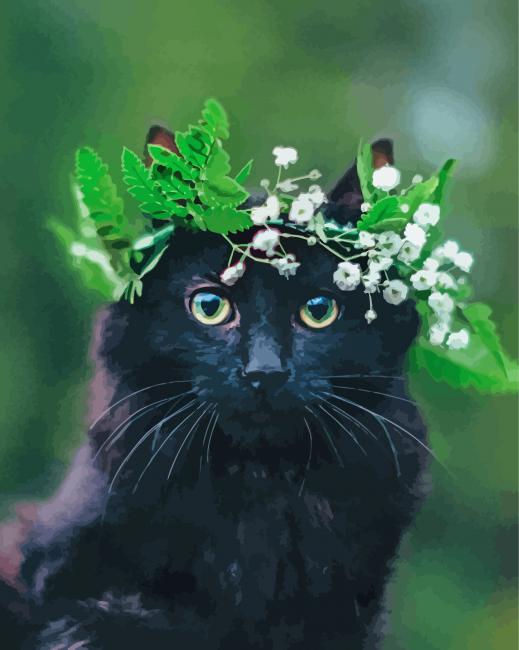 Black Cat Floral Crown Diamond Painting