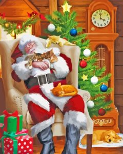 Sleepy Santa With Cats Diamond Painting