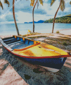Tropical Beach Boat Palm Trees Diamond Painting