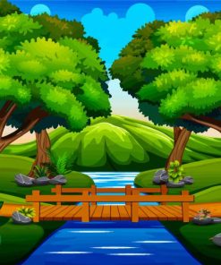 Cartoon Landscape Forest Wooden Bridge Diamond Painting