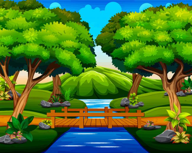 Cartoon Landscape Forest Wooden Bridge Diamond Painting