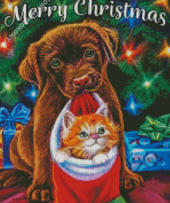 Christmas Dog With Cat Diamond Painting