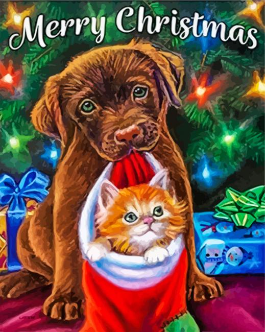 Christmas Dog With Cat Diamond Painting