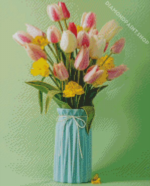 Daffodil And Tulips In Blue Vase Diamond Painting