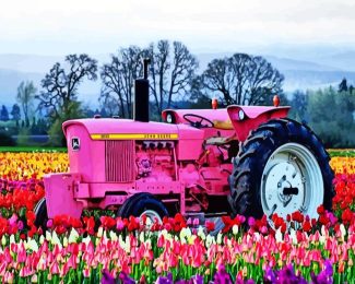 Pink Tractor In Flowers Field Diamond Painting