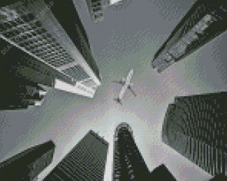 Black And White A Plane And Skyscrapers Diamond Painting