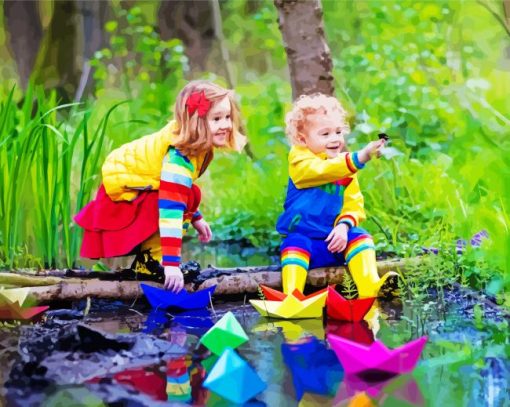 Children Playing In Rain Diamond Painting