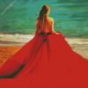 Lady In Red Dress On The Beach Art Diamond Painting