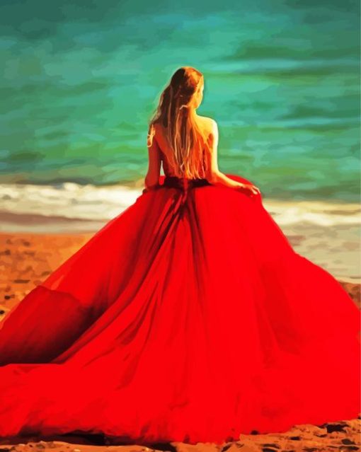 Lady In Red Dress On The Beach Art Diamond Painting