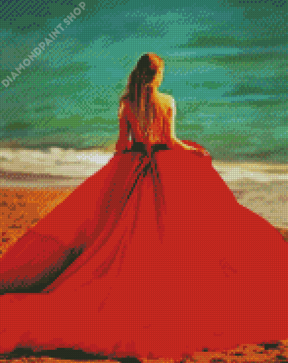 Lady In Red Dress On The Beach Art Diamond Painting