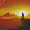 Man On Hill Top At Sunset Vector Diamond Painting