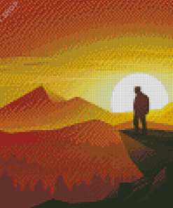 Man On Hill Top At Sunset Vector Diamond Painting