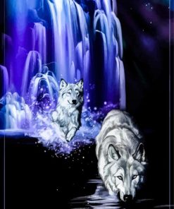Wolves And Purple Waterfall In Moonlight By Diamond Painting