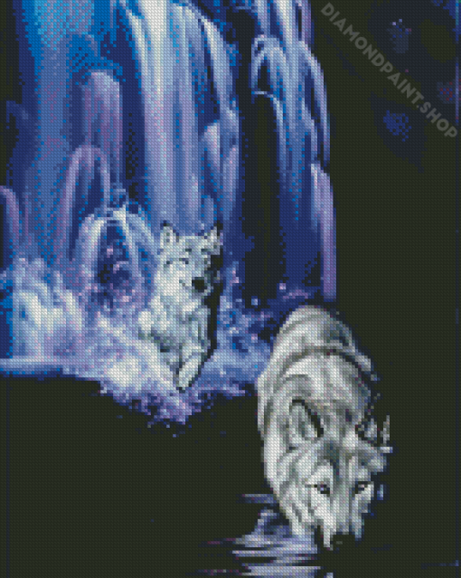 Wolves And Purple Waterfall In Moonlight By Diamond Painting