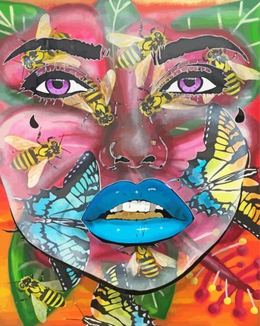 Graffiti Face With Bees And Butterflies Diamond Painting