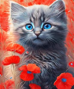 Cat And Poppies Diamond Painting