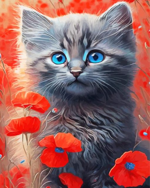 Cat And Poppies Diamond Painting